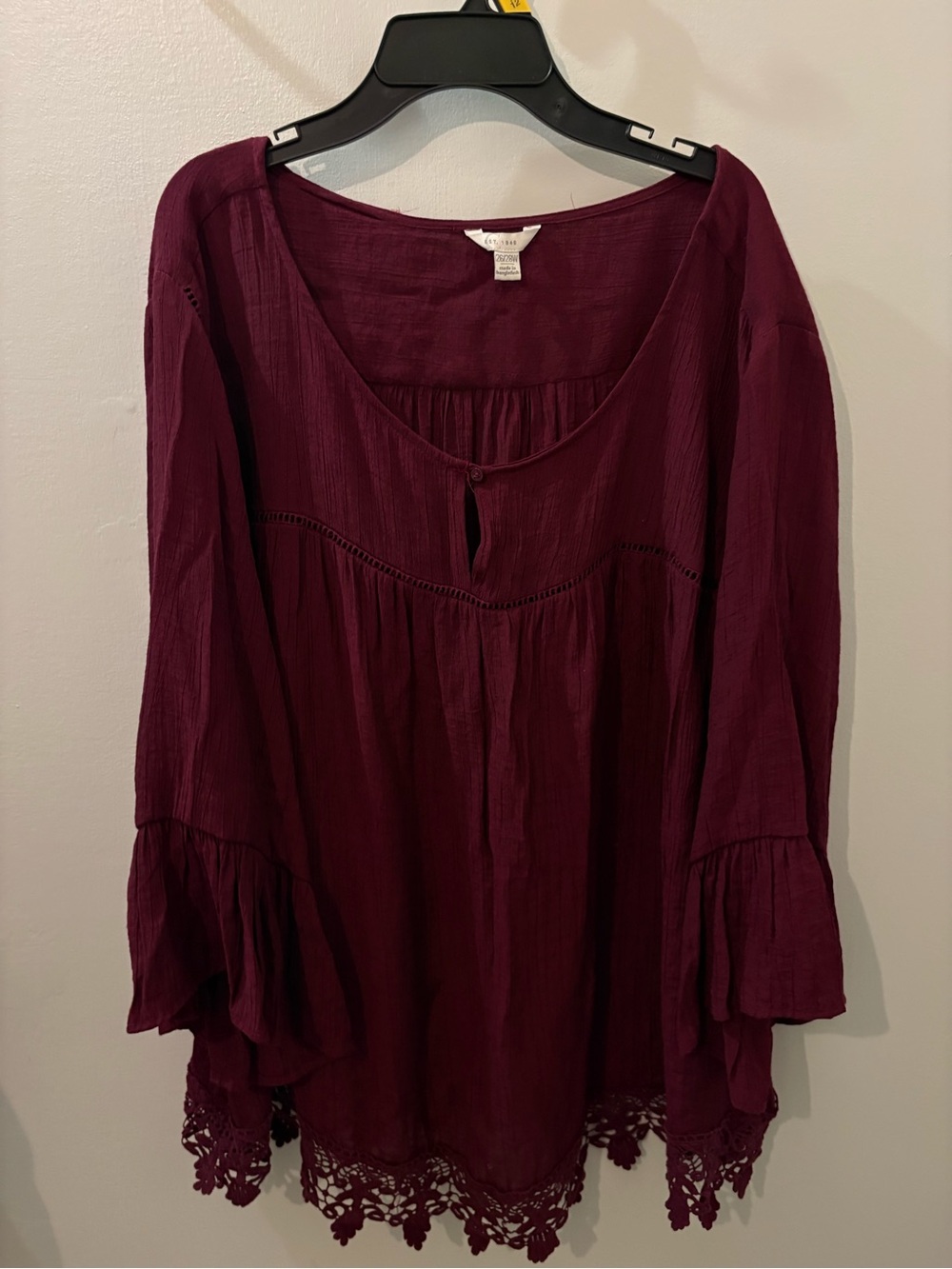 Burgundy Lace-Hem Peasant Tunic